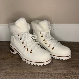 BAMBOO White&Rose Gold Chunk Heel Fur Lined Boots